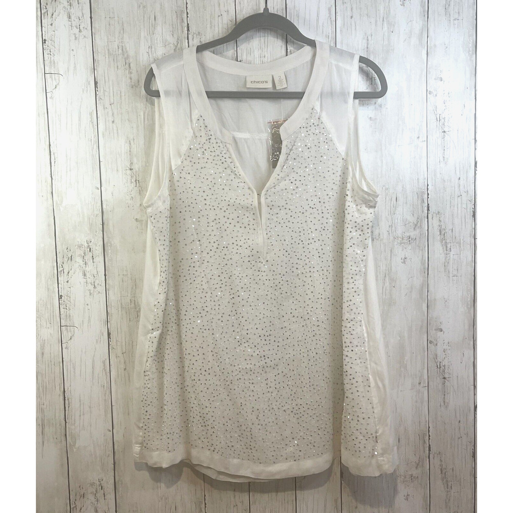 Chicos Womens Sequin tank top size 2 white sheer popover sleeveless party glam